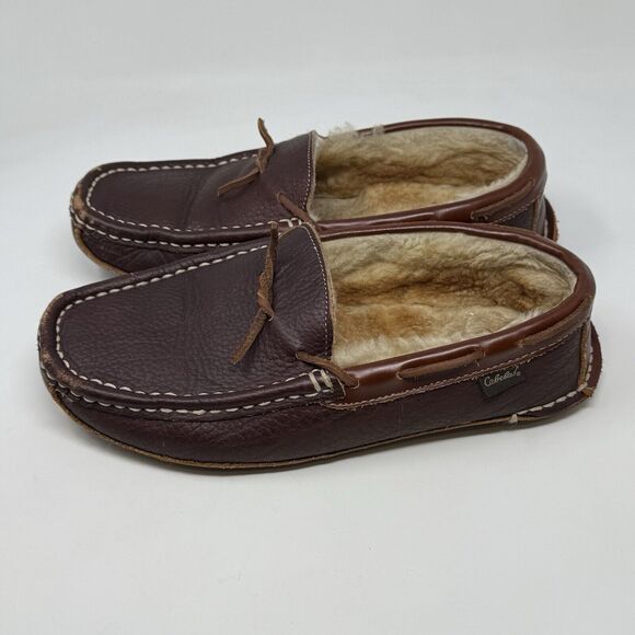 Cabelas Oil Tanned Leather Slippers Mens 9 M Sherpa Lined Moccasin Loafers - Picture 2 of 16